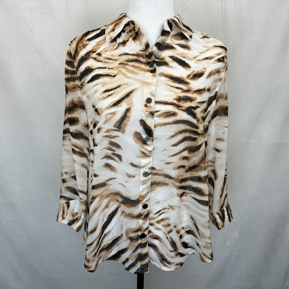 Chicos Top Sz 1 Sheer Brown Tiger Print Button Up 3/4 Sleeve